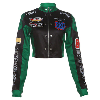 Autumn Winter Women Clothing Sexy Cropped Vintage Floral Print Long Sleeves Varsity Jacket