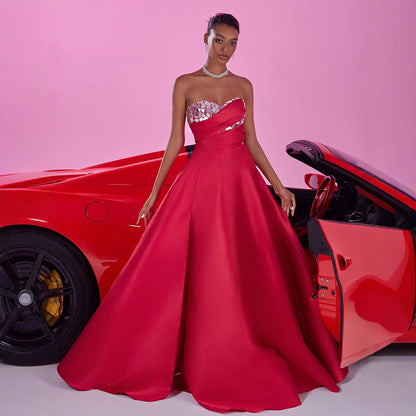 Arrival Lens Tube Top Big a Swing Red Host Bridesmaid Dress Backless Elegant Formal Evening Dress Women