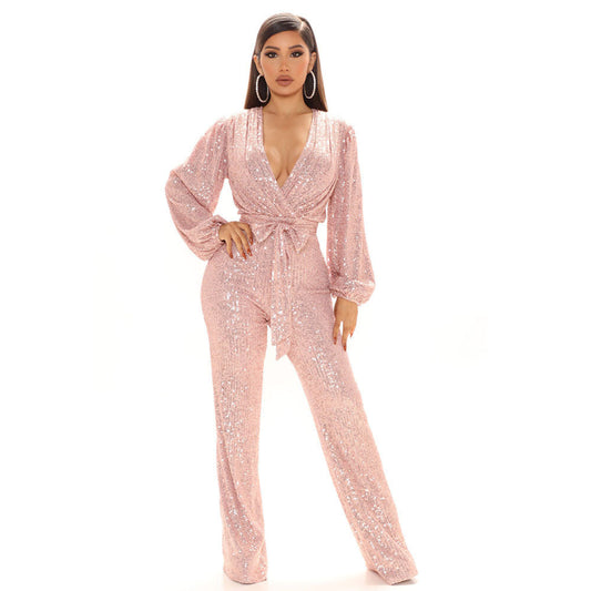 Fall High-End Women Sequ Deep V-neck Long Sleeve Jumpsuit Jumpsuit Trousers