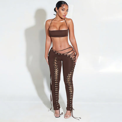 Women Sexy Lacing Vest Street Lace up Trousers Two Piece Set