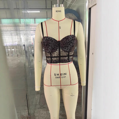 Sexy Leopard Print Stitching Bra Shoulder Straps High Grade Inner Mesh Lace See through Outer Wear Boning Corset Bra