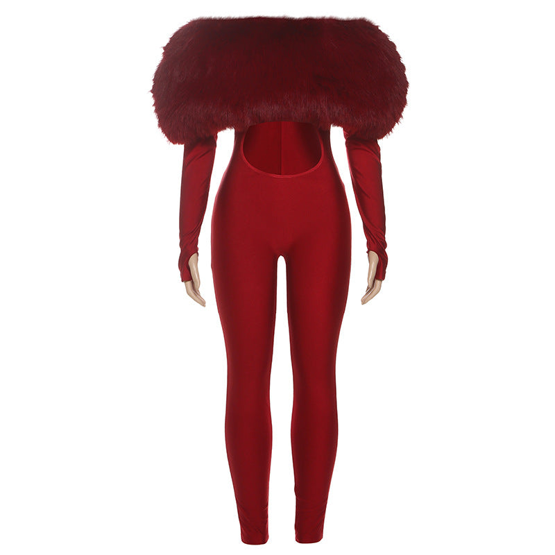 Autumn Winter Women off Shoulder Furry Stitching Sexy Cropped Long Sleeve Jumpsuit Women