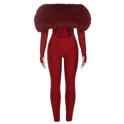 Autumn Winter Women off Shoulder Furry Stitching Sexy Cropped Long Sleeve Jumpsuit Women