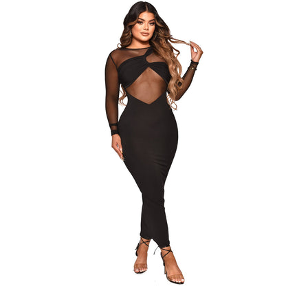 Women Clothing Sexy Tight Mesh See-through Solid Color Long Sleeve Dress for Women