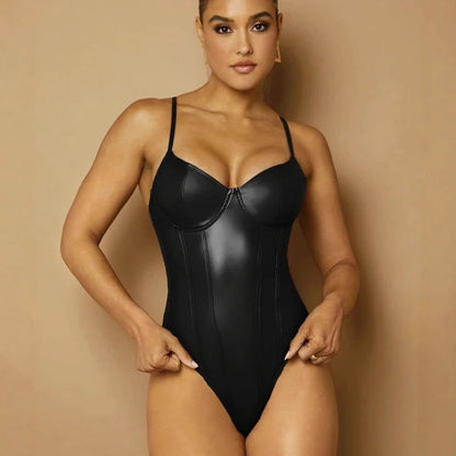 Sexy Sling Waist Slimming Solid Color Faux Leather Jumpsuit