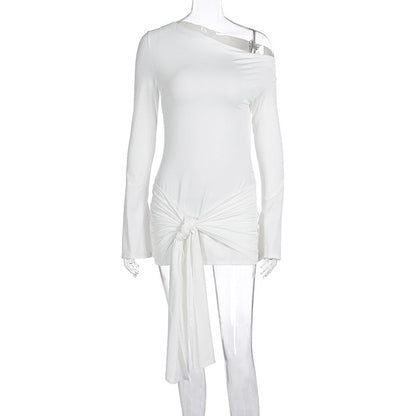 Autumn Winter Graceful Fashionable Solid Color Women Shoulder Waist Controlled Lace up Sheath Dress