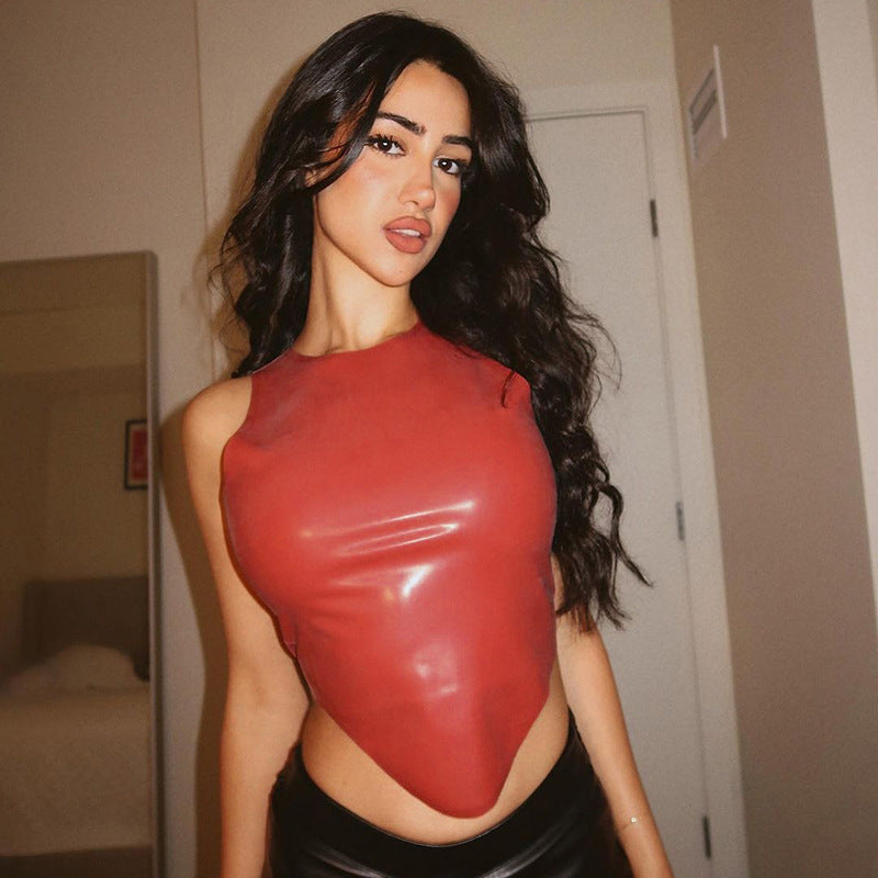 Women Clothing Leather Simple Sexy round Neck Sleeveless Irregular Asymmetric Hem Top Small Vest for Women