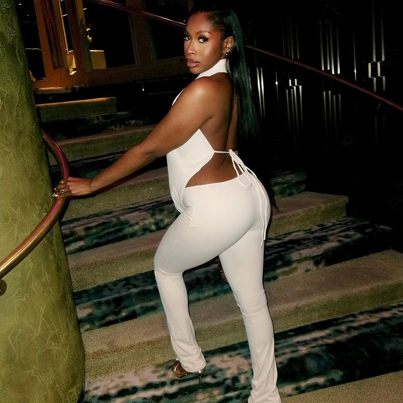 Halter Swing Collar Solid Color Commuting Pants Set Backless Lace up Top Tight Trousers Two Piece Set