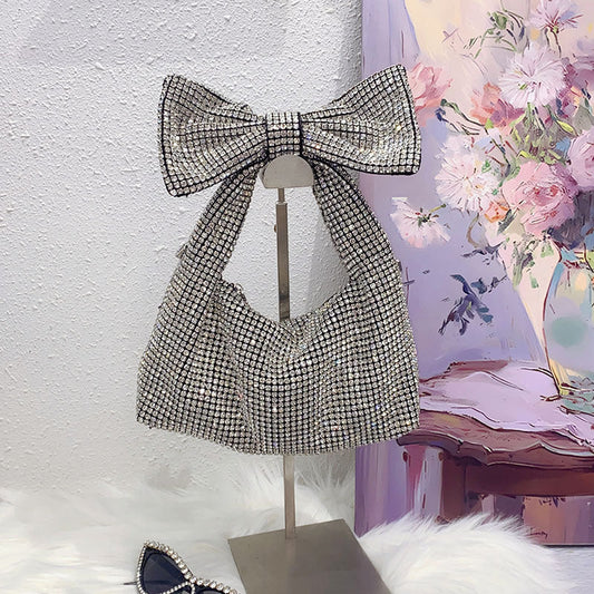 Bolso de hombro elegante con lazo y diamantes brillantes de imitación para la axila. 