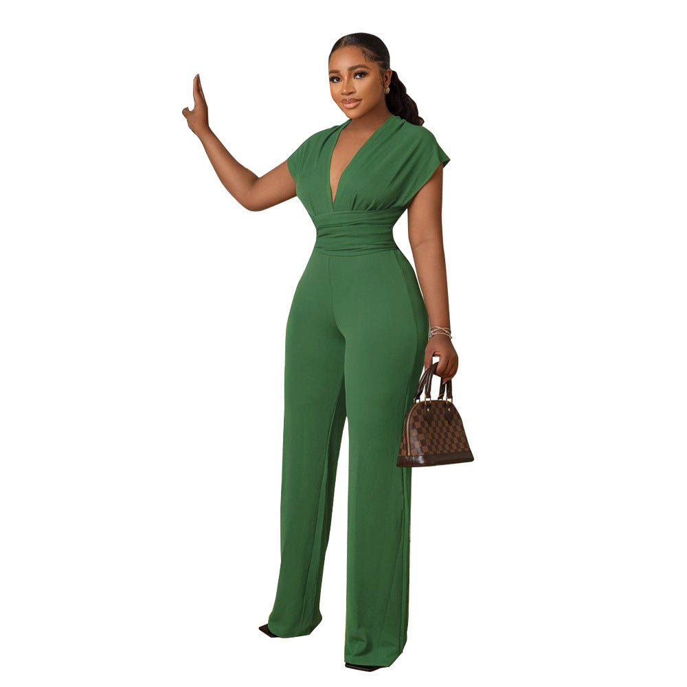 Low Cut Solid Color Waist Tight Women Jumpsuit