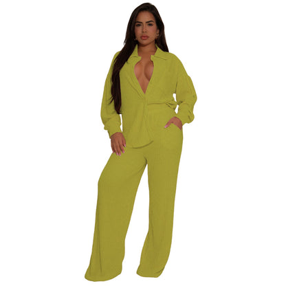 Women Elastic Crumpled Lace up Multi Pocket Swing Pants Wide Leg Pants Two Piece Sets