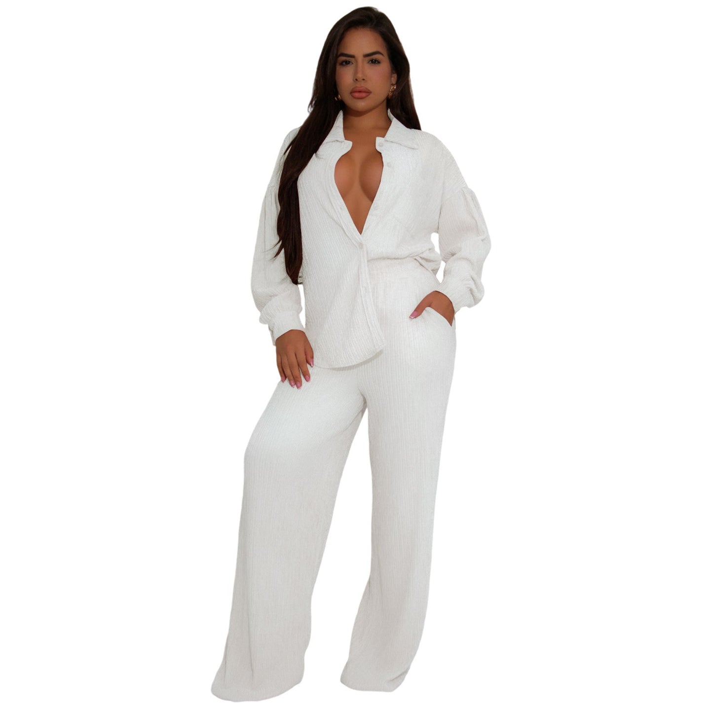 Women Elastic Crumpled Lace up Multi Pocket Swing Pants Wide Leg Pants Two Piece Sets