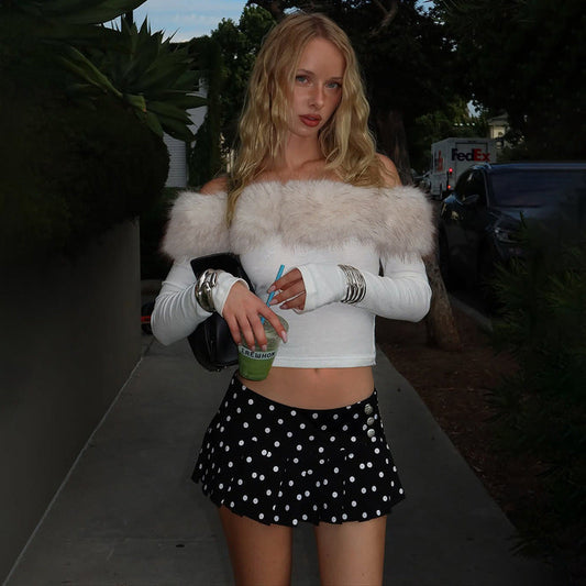 Autumn Winter Slim Fit Cropped off Neck Fur Stitching Color Contrast Long Sleeve T shirt Top