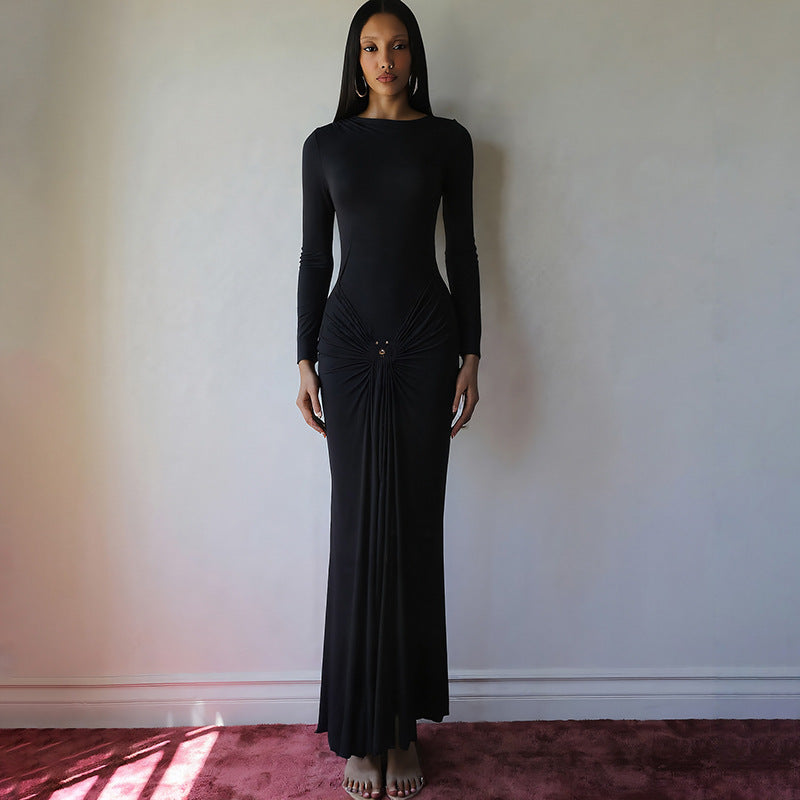 Summer Women Clothes Elegant Decorative Buckle Solid Color Long Sleeve Narrow Tight Strap Dress