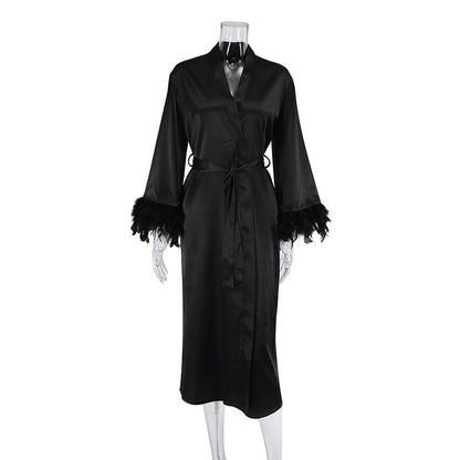Spring Pajamas Women Cardigan Feather Satin Nightgown Loose Long Bathrobe Ladies Homewear