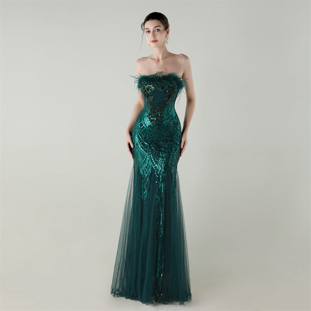 Sequin Beaded Tube Floral Ostrich Feather Tube Top Cross Strap Mesh Fishtail Evening Dress Cocktail Wedding