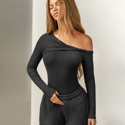 Casual Street Sports Kinky Diagonal Collar Long Sleeved Doublet Solid Color T shirt