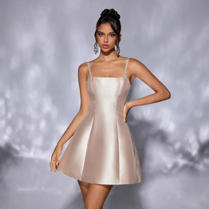 Vestido de noche corto, sexy, sin espalda, con tirantes finos y escote en V, color liso, brillante, ajustado y sin mangas para mujer