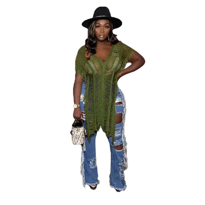 女裝純色休閒流蘇鏤空T卹