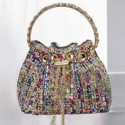 Bolso de cena con cadena de diamantes de imitación refinados, bolsos tipo cubo sencillos y completamente enjoyados 