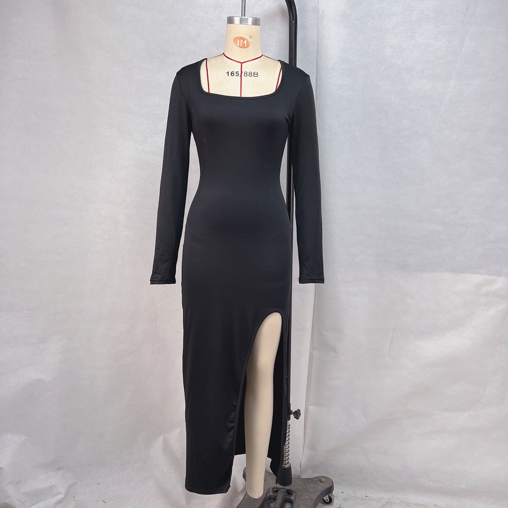 Women Clothing Autumn Square Collar Long Sleeve Solid Color Split Sexy Slim Fit Slimming Dress