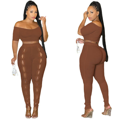 Women Clothing Summer Suit Sexy off the Shoulder Button Two Piece Pants