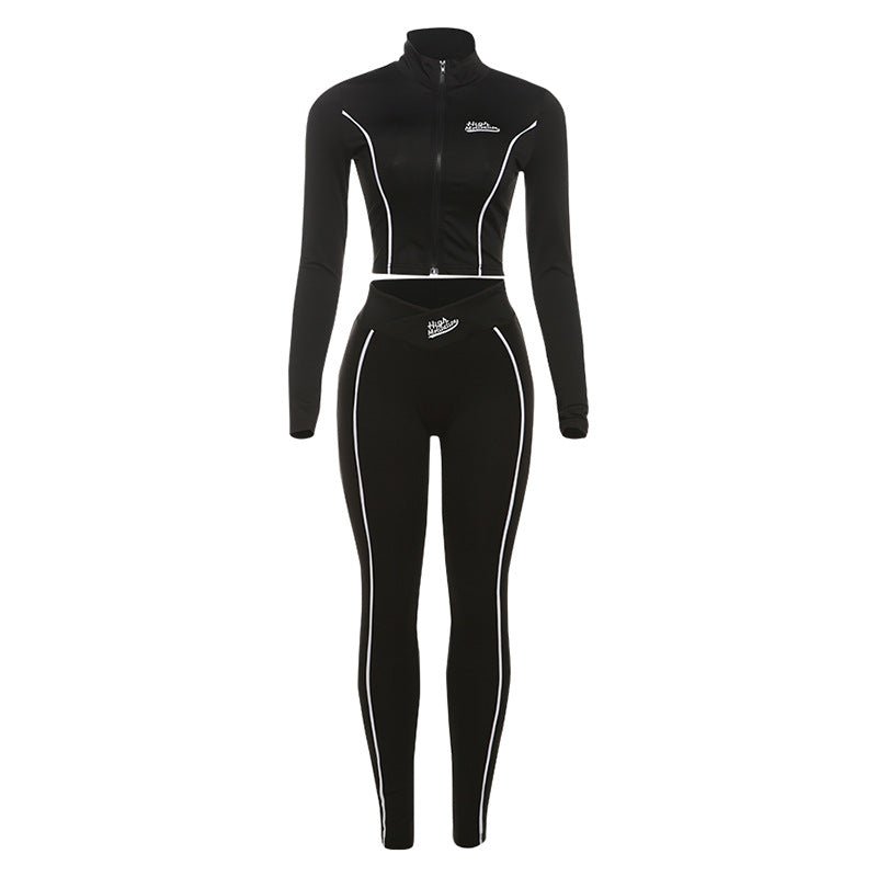 Autumn Winter Women Sexy Cropped Long Sleeve Top Slim Hip Pants Set Women