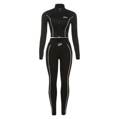 Autumn Winter Women Sexy Cropped Long Sleeve Top Slim Hip Pants Set Women