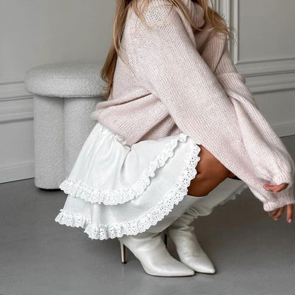 Falda corta blanca a juego para mujer, fresca y dulce, con diseño de encaje y cintura alta.