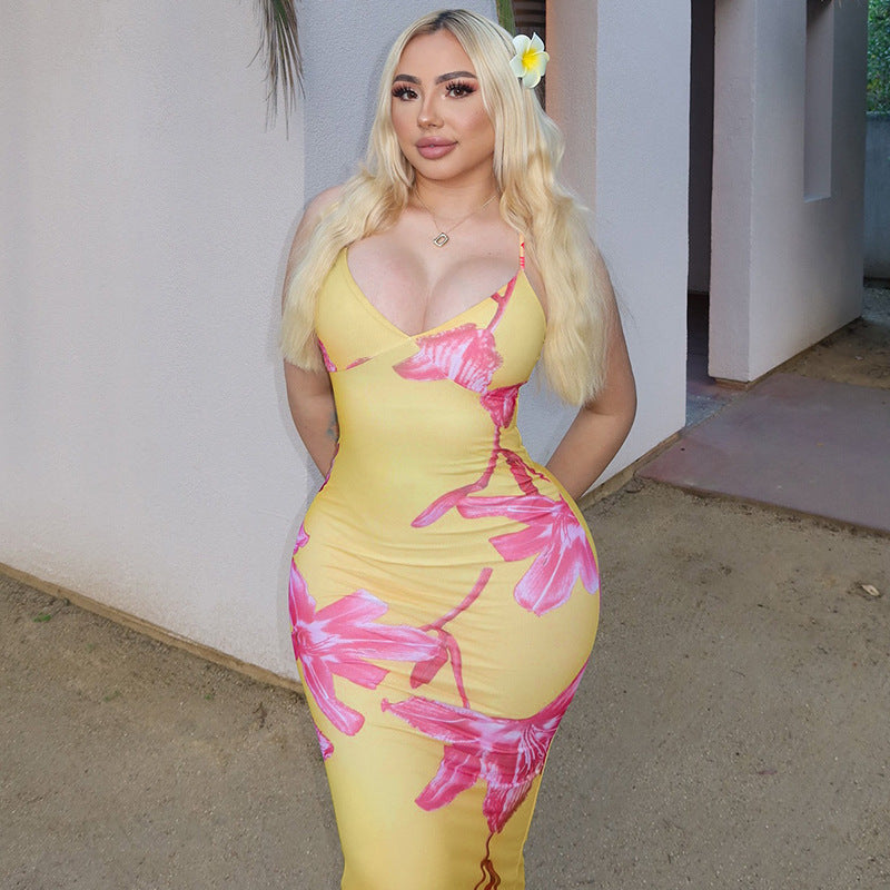 女士夏季印花V領露背吊帶性感連身裙