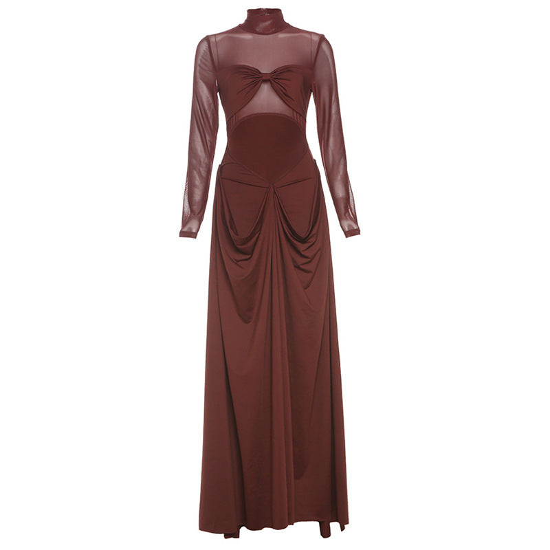 Fall Women Clothing High Collar Slim Fit Sexy Cutout Split Maxi Dress