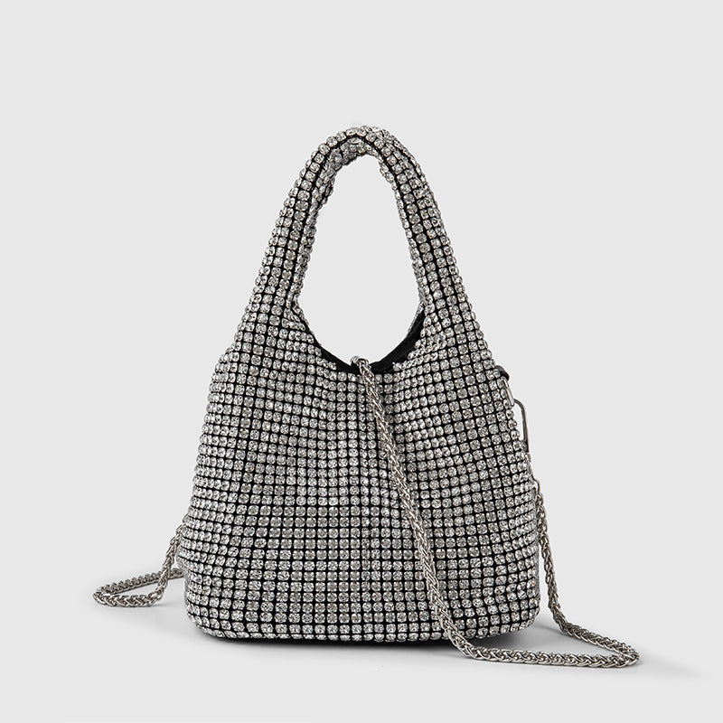 Bolso de mujer con diamantes de imitación, tipo cubo, portátil, elegante, tipo cesta para verduras, tipo chaleco, tipo mensajero 