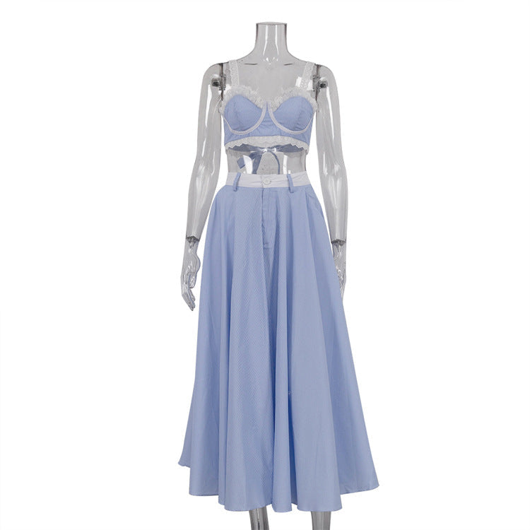 Early Spring Lace Splicing Sling Vest Sexy Women Clothing High Waist Big Swing Skirt Two Piece Set