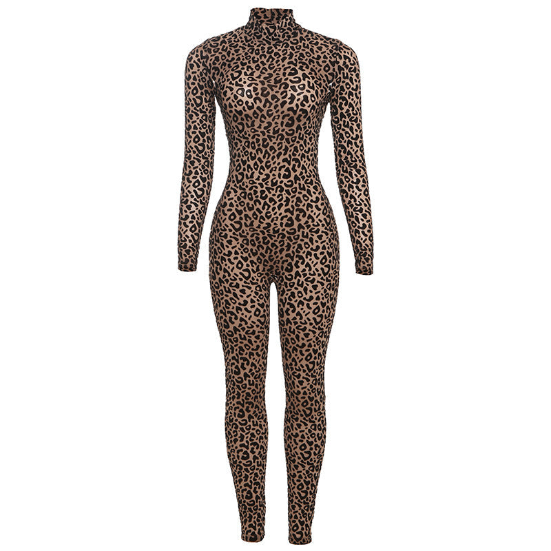 Summer Women Sexy Leopard Print High Waist Figure Flattering Sheath Long Sleeve Jumpsuit