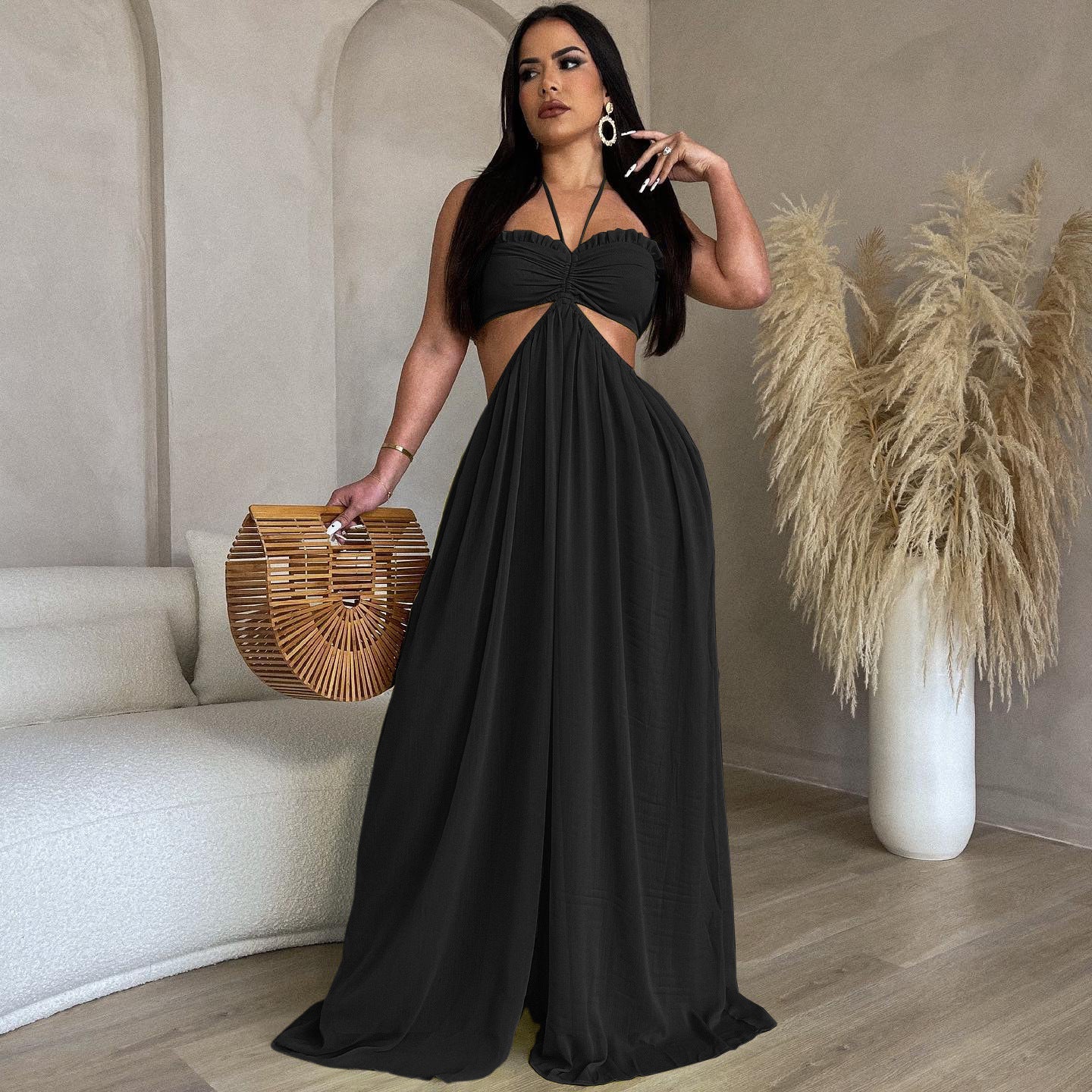Source Sexy Chiffon Chest Wrapped Bare Back Wide Leg Jumpsuit Women Clothing