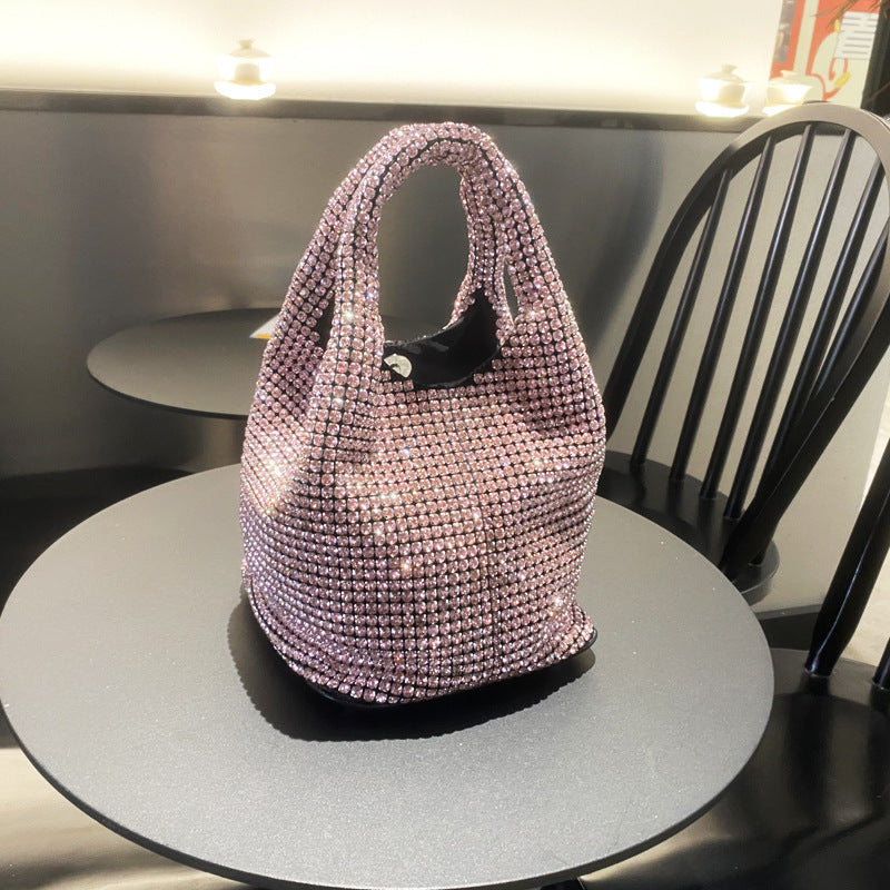 Bolso de mujer con diamantes de imitación, tipo cubo, portátil, elegante, tipo cesta para verduras, tipo chaleco, tipo mensajero 