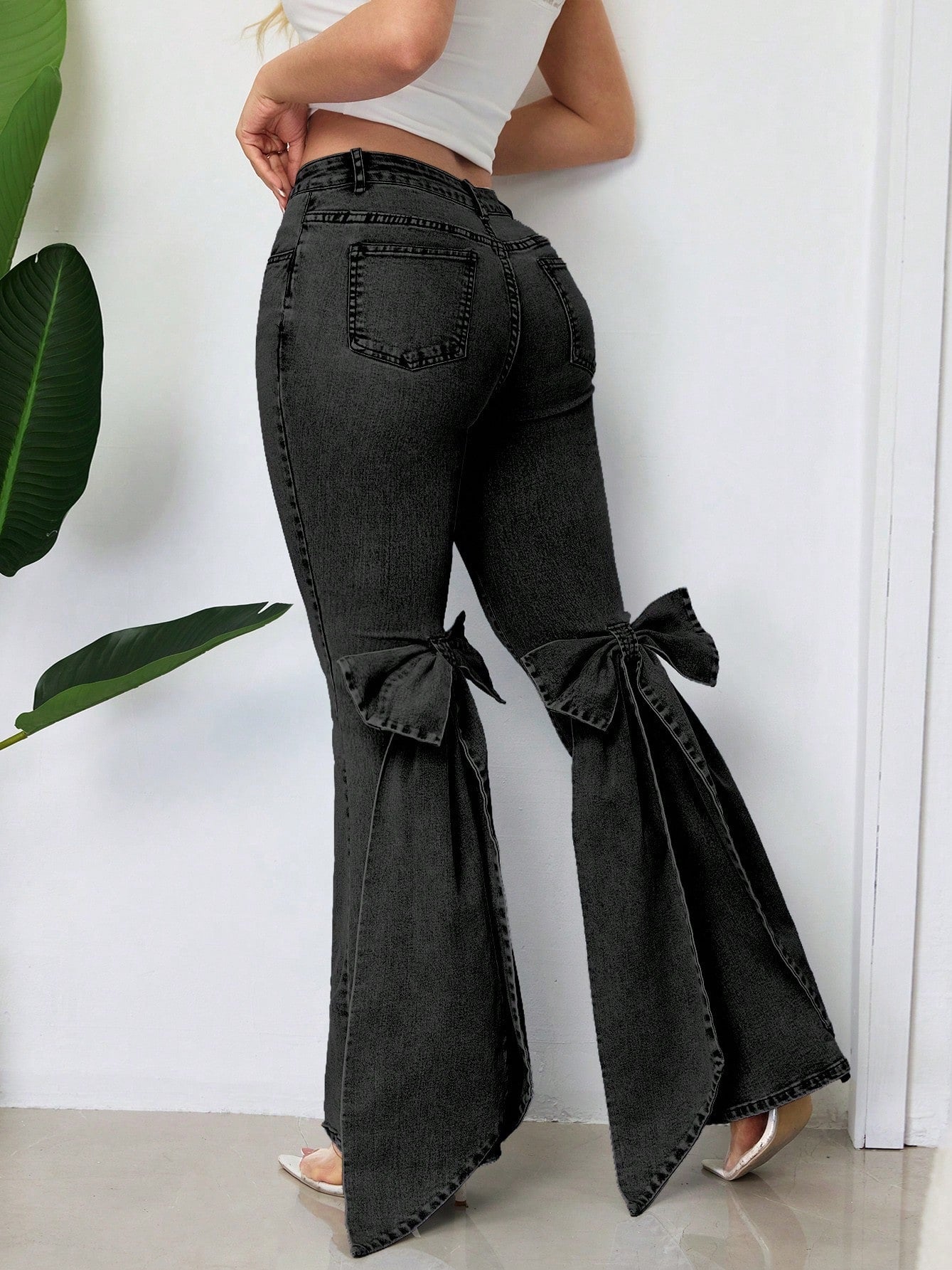Retro Three Dimensional Bow Slim Fit Elastic Mop Denim Bell Bottom Pants
