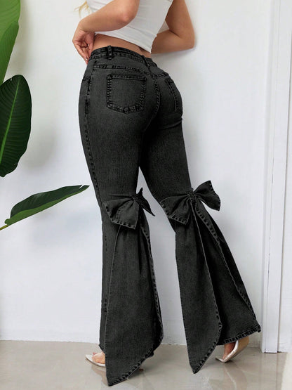 Retro Three Dimensional Bow Slim Fit Elastic Mop Denim Bell Bottom Pants