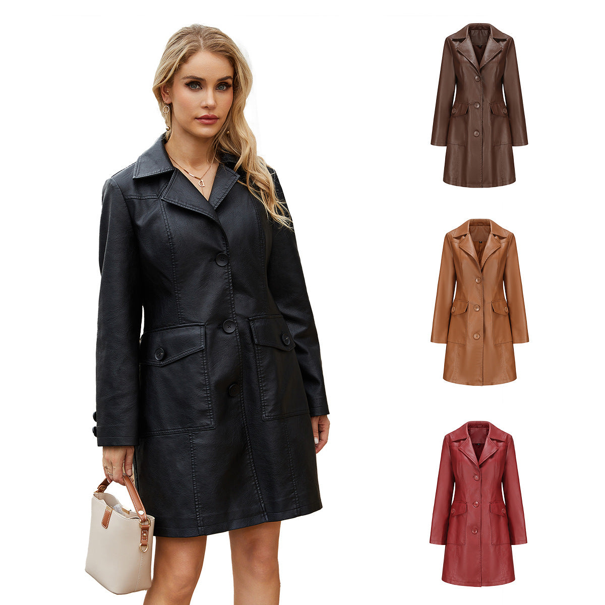 Long Leather Coat Spring Autumn Long Sleeve Leather Wind Coat British Coat Women Collared Single Breasted