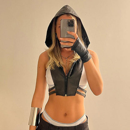 Fall Women Clothing Sexy Sexy Cropped Zipper Hooded Side Hollow Out Cutout Faux Leather Vest Women