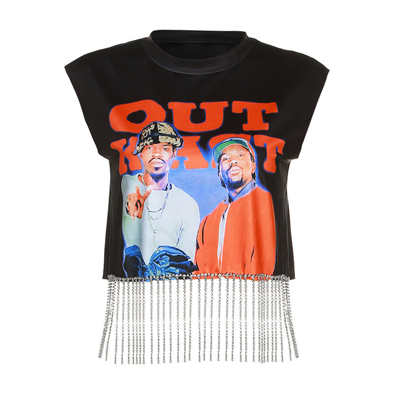 Summer Women round Neck Sleeveless Pendant Hem Slim Printed T-shirt for Women