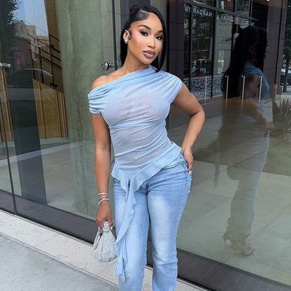 Women Clothing See through Mesh Diagonal Shoulder Short Sleeve Ruffled Ribbon Top