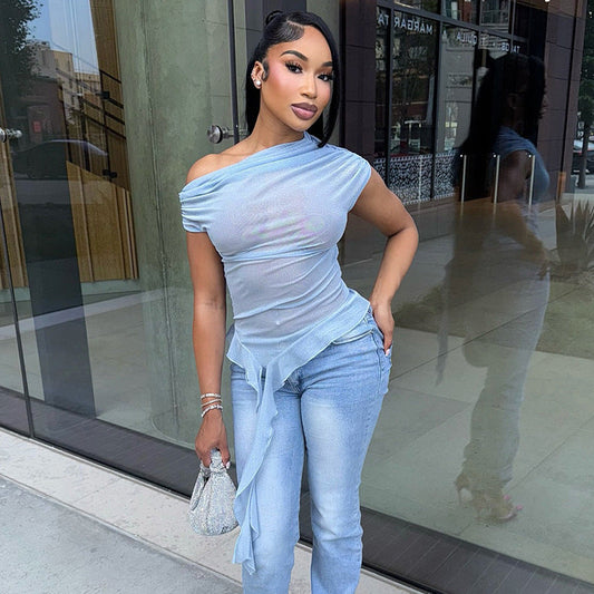 Women Clothing See through Mesh Diagonal Shoulder Short Sleeve Ruffled Ribbon Top