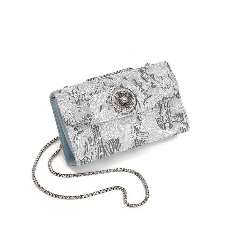 Bolso cuadrado pequeño con bordado nacional, bolso de lujo asequible para mujer, bolso bandolera con cadena sencilla y diamantes. 