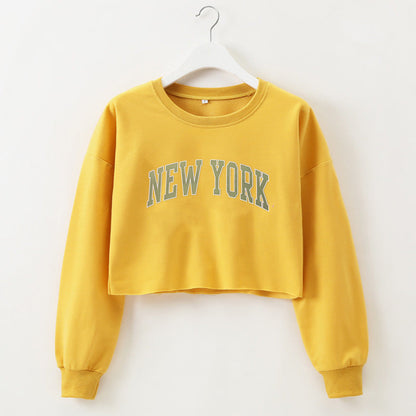 Women Clothing Autumn Winter York Letter Graphic Printing Short Loose Long Sleeves Sweatshirt