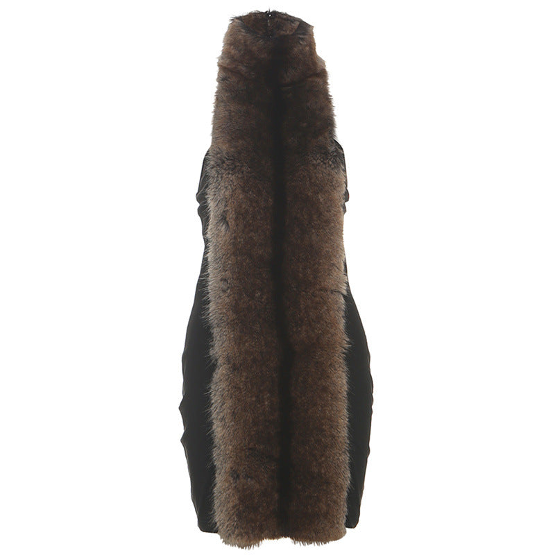 Fall Women Clothing Sexy Halter Backless Plush Stitching Contrast Color Sheath Dress