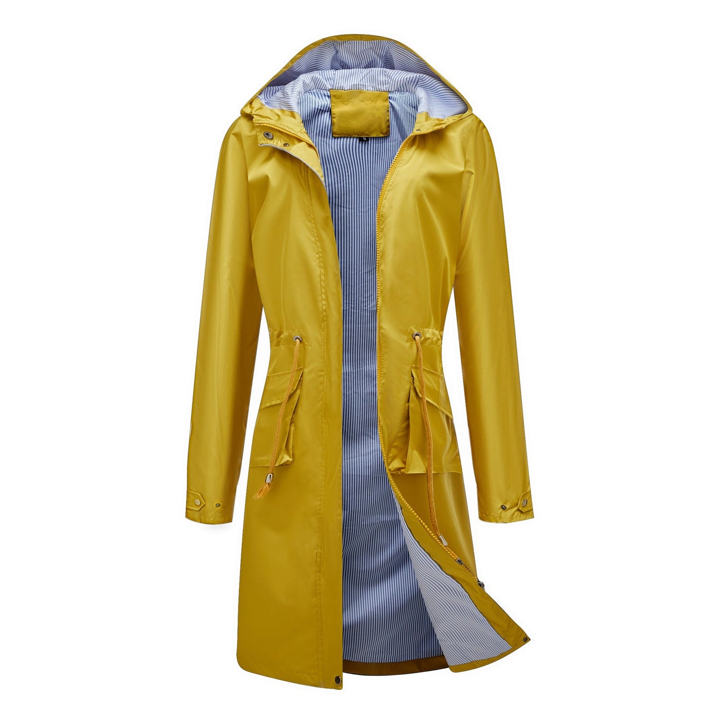 Spring Autumn Long Casual Trench Coat Women Waterproof Hooded Solid Color Top Striped Lining Straight Coat