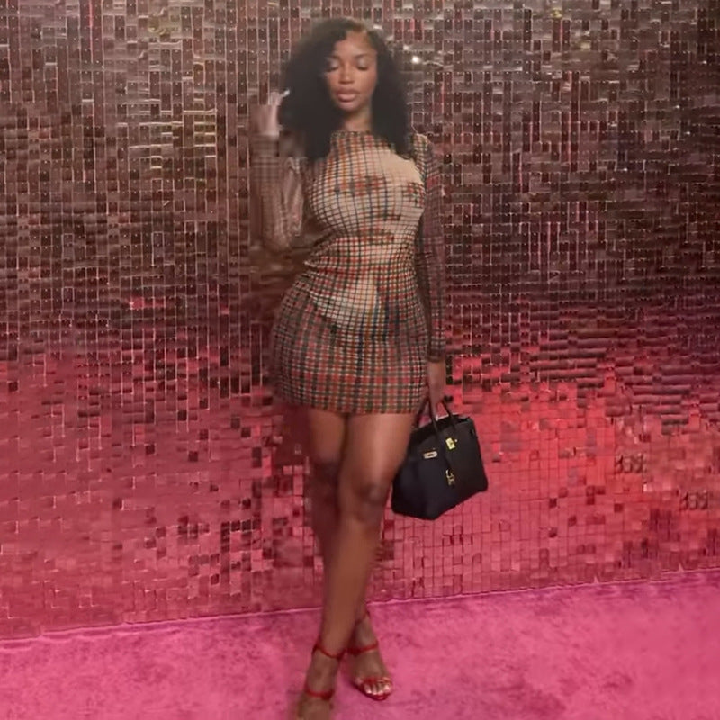 秋季修身印花格紋長袖窄版短裙女裝