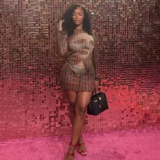 秋季修身印花格紋長袖窄版短裙女裝