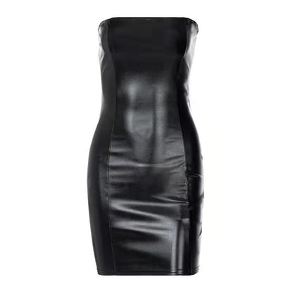 Sexy Bandeau Slim Fit Slimming Sheath Women Faux Leather Dress Women Clothing